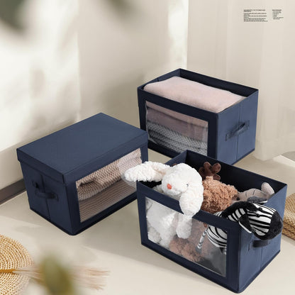Storage Bins with Lids - Fabric Storage Boxe with Window, Collapsible Closet Organizers with Handles, Decorative Bin, Home Cubes Baskets for Clothes, Hat, Books, Dark Grey
