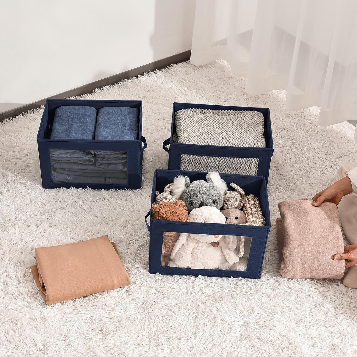 Storage Bins with Lids - Fabric Storage Boxe with Window, Collapsible Closet Organizers with Handles, Decorative Bin, Home Cubes Baskets for Clothes, Hat, Books, Dark Grey