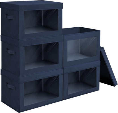 Storage Bins with Lids - Fabric Storage Boxe with Window, Collapsible Closet Organizers with Handles, Decorative Bin, Home Cubes Baskets for Clothes, Hat, Books, Dark Grey