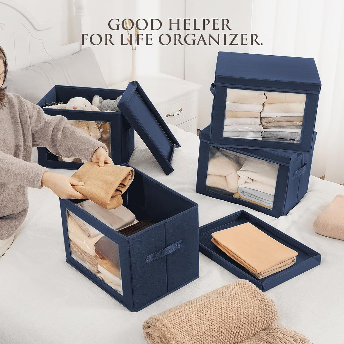 Storage Bins with Lids - Fabric Storage Boxe with Window, Collapsible Closet Organizers with Handles, Decorative Bin, Home Cubes Baskets for Clothes, Hat, Books, Dark Grey