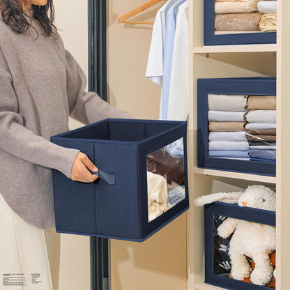 Storage Bins with Lids - Fabric Storage Boxe with Window, Collapsible Closet Organizers with Handles, Decorative Bin, Home Cubes Baskets for Clothes, Hat, Books, Dark Grey