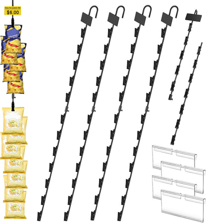 Hanging Chip Clip Strips for Merchandising with Hooks, 32 inch Chip Display Rack Stand 48 Clips Potato Chip Bag Holder with Label Headers Metal Retail Display Rack for Snack Candy Black