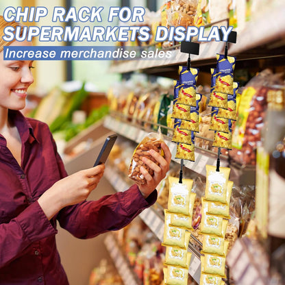 Hanging Chip Clip Strips for Merchandising with Hooks, 32 inch Chip Display Rack Stand 48 Clips Potato Chip Bag Holder with Label Headers Metal Retail Display Rack for Snack Candy Black