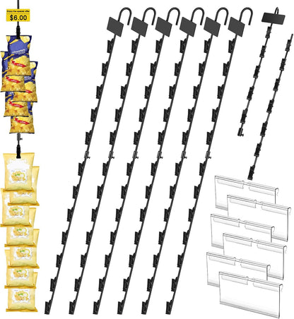 Hanging Chip Clip Strips for Merchandising with Hooks, 32 inch Chip Display Rack Stand 48 Clips Potato Chip Bag Holder with Label Headers Metal Retail Display Rack for Snack Candy Black