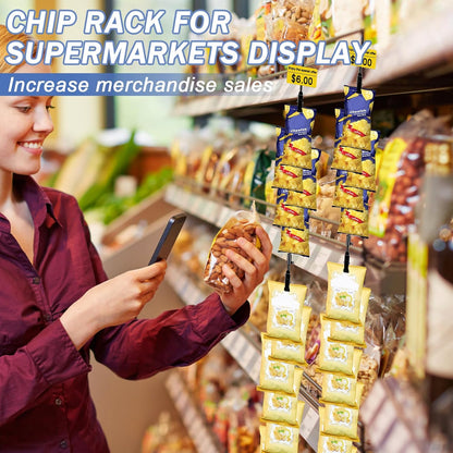 Hanging Chip Clip Strips for Merchandising with Hooks, 32 inch Chip Display Rack Stand 48 Clips Potato Chip Bag Holder with Label Headers Metal Retail Display Rack for Snack Candy Black