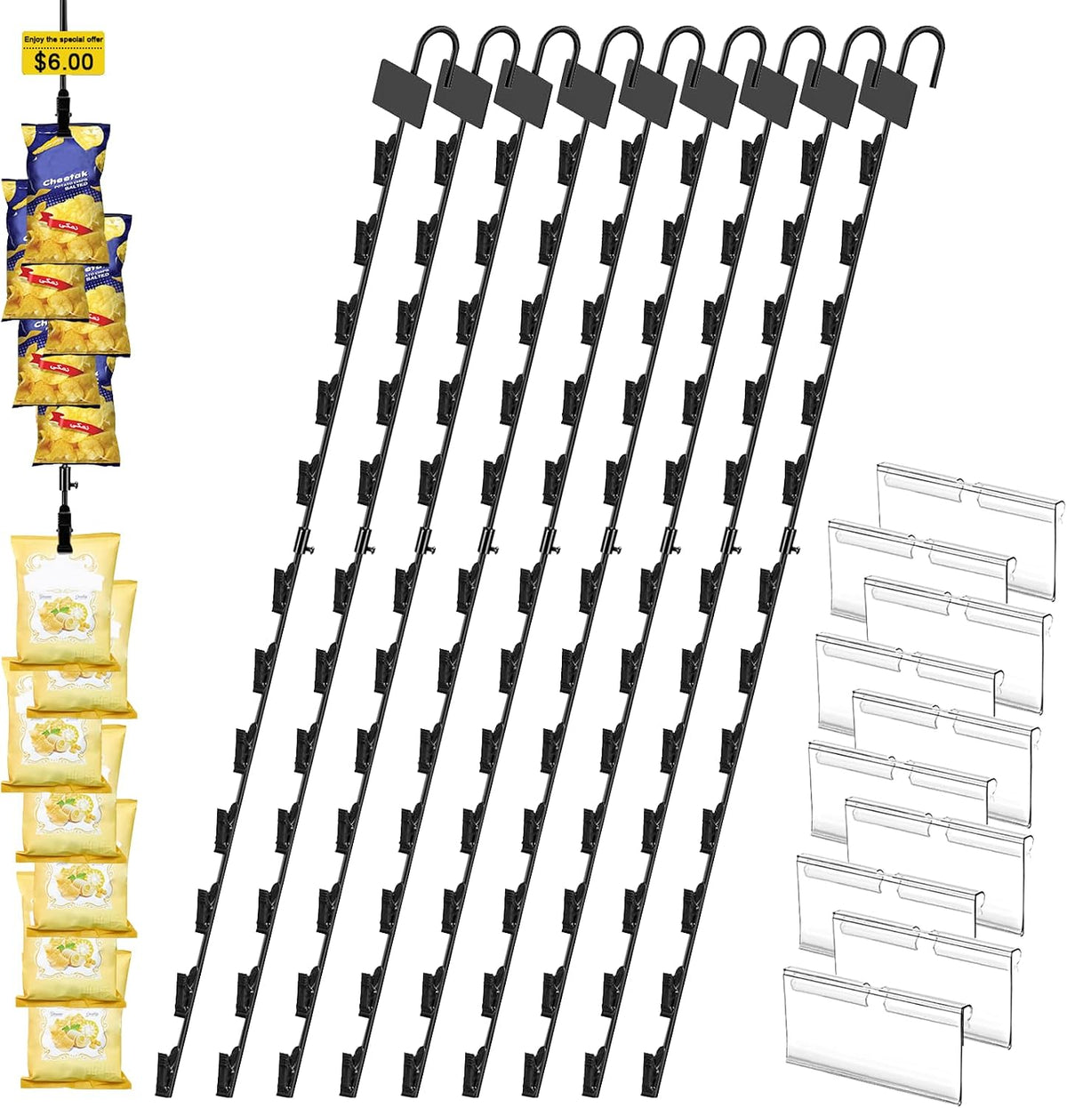 Hanging Chip Clip Strips for Merchandising with Hooks, 32 inch Chip Display Rack Stand 48 Clips Potato Chip Bag Holder with Label Headers Metal Retail Display Rack for Snack Candy Black