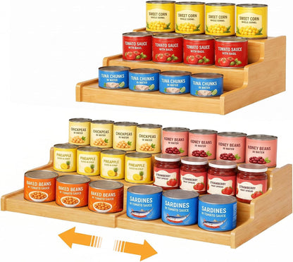 Expandable Bamboo Can Rack Organizer for Pantry, Upgraded 3-Tier Adjustable Can Storage Holder, Pantry Organizers and Storage Holds Up to 24 Cans, Canned Goods Organizer Display for Pantry, Cabinet