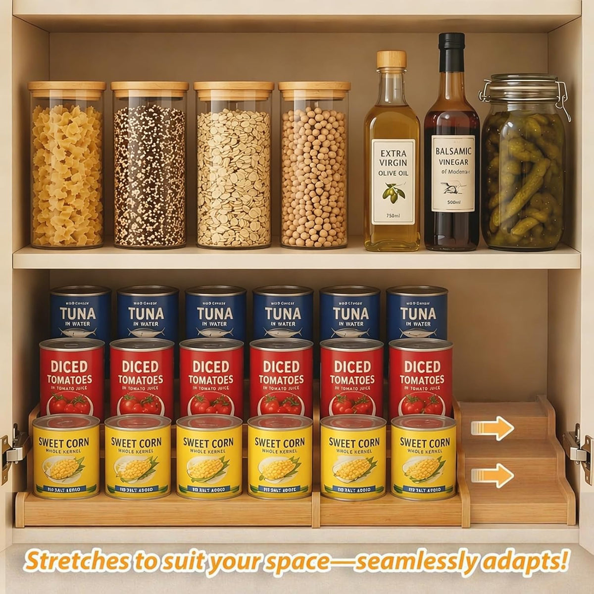 Expandable Bamboo Can Rack Organizer for Pantry, Upgraded 3-Tier Adjustable Can Storage Holder, Pantry Organizers and Storage Holds Up to 24 Cans, Canned Goods Organizer Display for Pantry, Cabinet