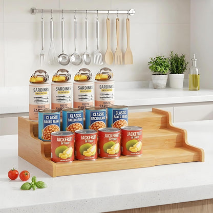 Expandable Bamboo Can Rack Organizer for Pantry, Upgraded 3-Tier Adjustable Can Storage Holder, Pantry Organizers and Storage Holds Up to 24 Cans, Canned Goods Organizer Display for Pantry, Cabinet