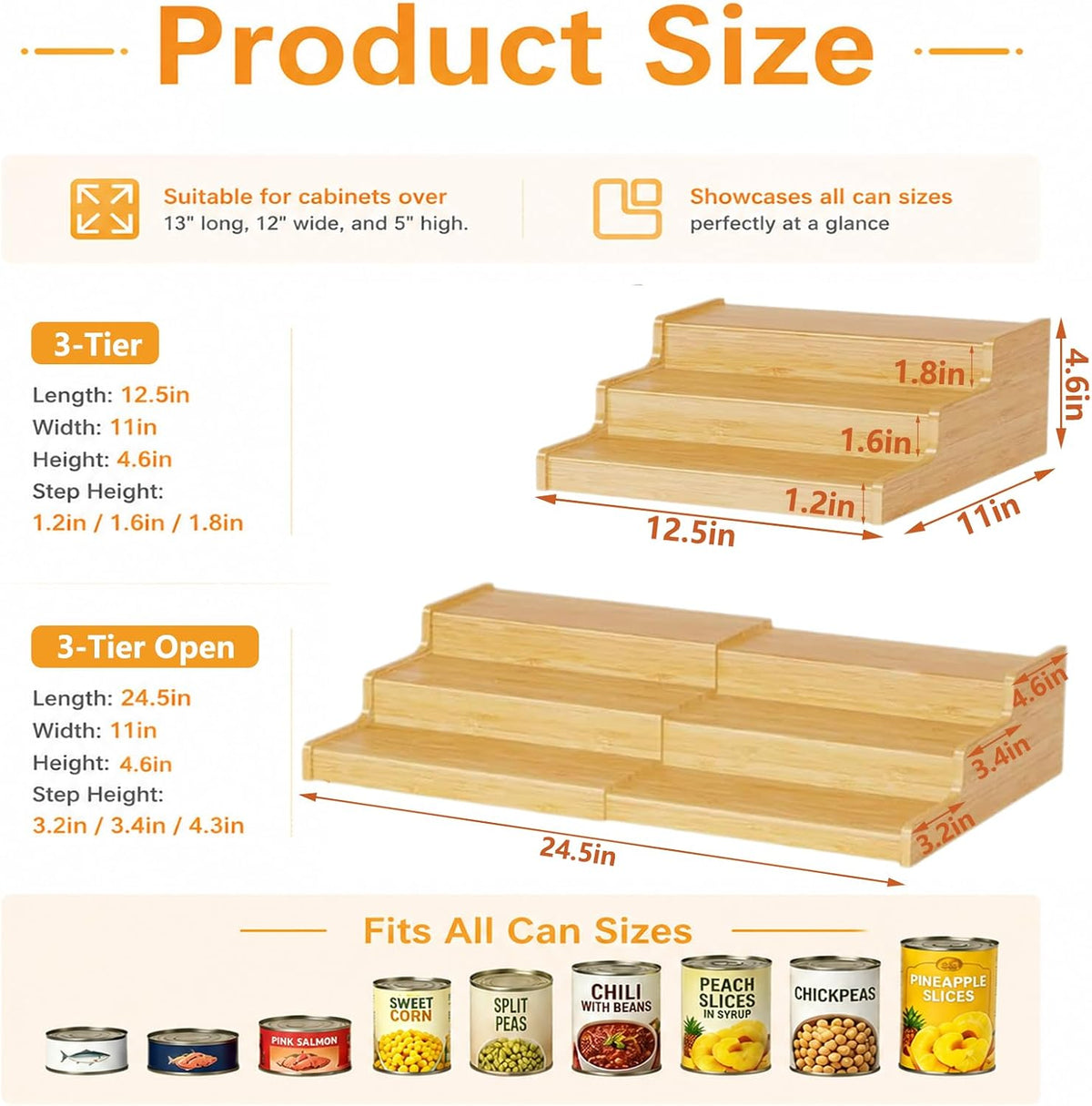 Expandable Bamboo Can Rack Organizer for Pantry, Upgraded 3-Tier Adjustable Can Storage Holder, Pantry Organizers and Storage Holds Up to 24 Cans, Canned Goods Organizer Display for Pantry, Cabinet