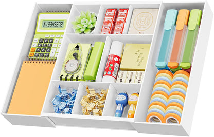 Expandable Desk Drawer Organizer, Clear Plastic Drawer Organizer Tray with 10 Adjustable Compartments, Desk Organizers and Accessories, 5 Drawer Dividers for Office Supplies, Makeup(White)