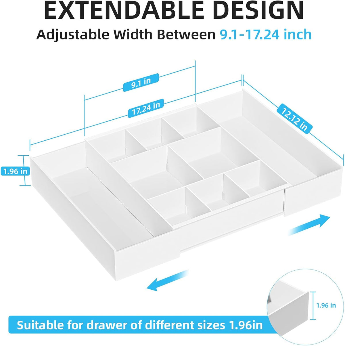 Expandable Desk Drawer Organizer, Clear Plastic Drawer Organizer Tray with 10 Adjustable Compartments, Desk Organizers and Accessories, 5 Drawer Dividers for Office Supplies, Makeup(White)