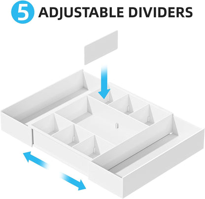Expandable Desk Drawer Organizer, Clear Plastic Drawer Organizer Tray with 10 Adjustable Compartments, Desk Organizers and Accessories, 5 Drawer Dividers for Office Supplies, Makeup(White)