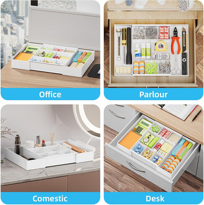 Expandable Desk Drawer Organizer, Clear Plastic Drawer Organizer Tray with 10 Adjustable Compartments, Desk Organizers and Accessories, 5 Drawer Dividers for Office Supplies, Makeup(White)