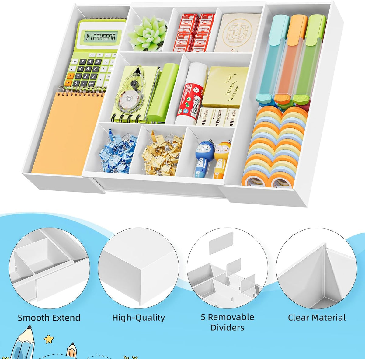 Expandable Desk Drawer Organizer, Clear Plastic Drawer Organizer Tray with 10 Adjustable Compartments, Desk Organizers and Accessories, 5 Drawer Dividers for Office Supplies, Makeup(White)