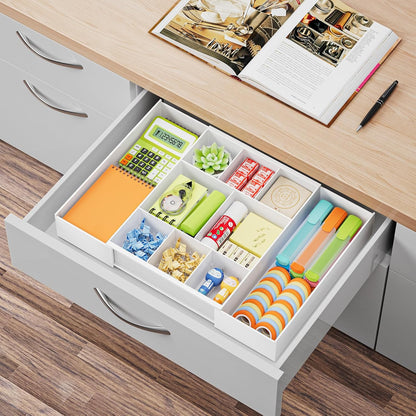 Expandable Desk Drawer Organizer, Clear Plastic Drawer Organizer Tray with 10 Adjustable Compartments, Desk Organizers and Accessories, 5 Drawer Dividers for Office Supplies, Makeup(White)
