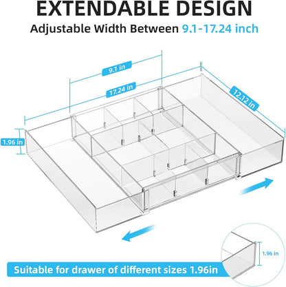 Expandable Desk Drawer Organizer, Clear Plastic Drawer Organizer Tray with 10 Adjustable Compartments, Desk Organizers and Accessories, 5 Drawer Dividers for Office Supplies, Makeup(White)