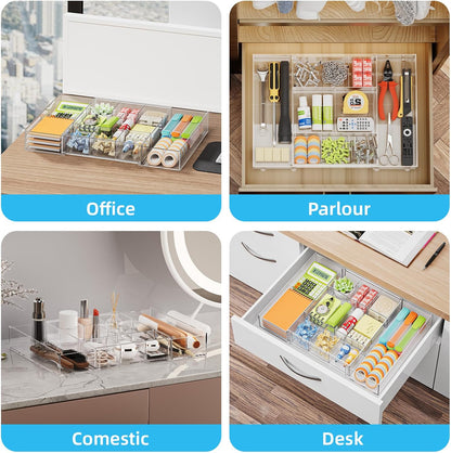 Expandable Desk Drawer Organizer, Clear Plastic Drawer Organizer Tray with 10 Adjustable Compartments, Desk Organizers and Accessories, 5 Drawer Dividers for Office Supplies, Makeup(White)
