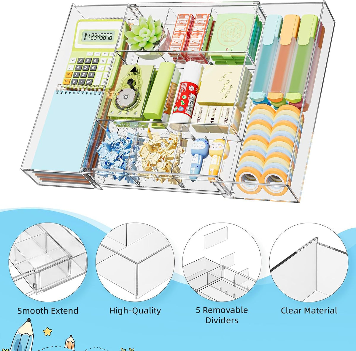 Expandable Desk Drawer Organizer, Clear Plastic Drawer Organizer Tray with 10 Adjustable Compartments, Desk Organizers and Accessories, 5 Drawer Dividers for Office Supplies, Makeup(White)