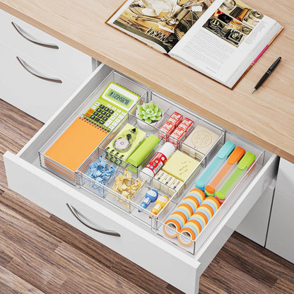 Expandable Desk Drawer Organizer, Clear Plastic Drawer Organizer Tray with 10 Adjustable Compartments, Desk Organizers and Accessories, 5 Drawer Dividers for Office Supplies, Makeup(White)