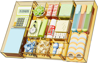 Expandable Desk Drawer Organizer, Clear Plastic Drawer Organizer Tray with 10 Adjustable Compartments, Desk Organizers and Accessories, 5 Drawer Dividers for Office Supplies, Makeup(White)