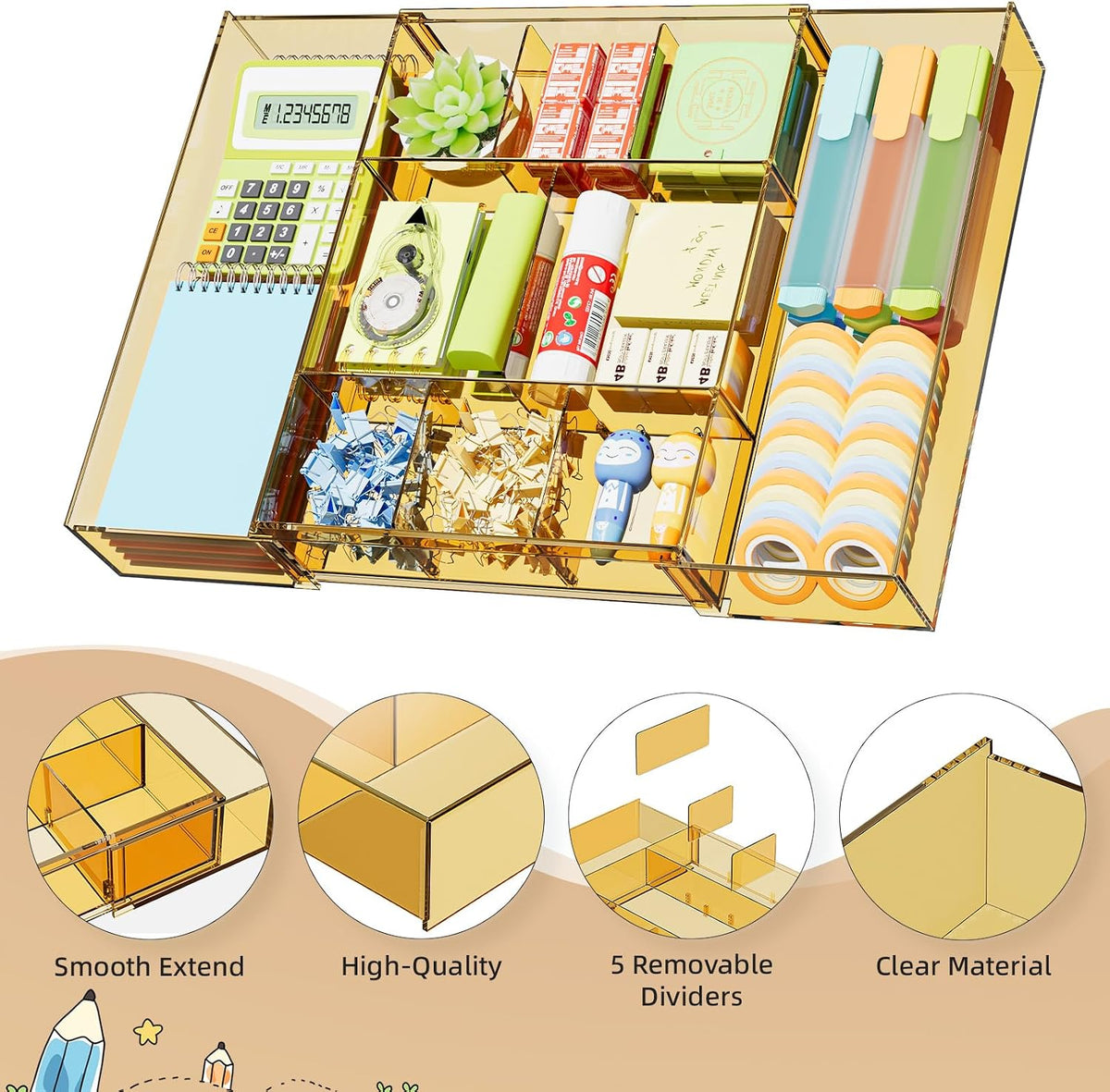 Expandable Desk Drawer Organizer, Clear Plastic Drawer Organizer Tray with 10 Adjustable Compartments, Desk Organizers and Accessories, 5 Drawer Dividers for Office Supplies, Makeup(White)