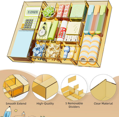 Expandable Desk Drawer Organizer, Clear Plastic Drawer Organizer Tray with 10 Adjustable Compartments, Desk Organizers and Accessories, 5 Drawer Dividers for Office Supplies, Makeup(White)