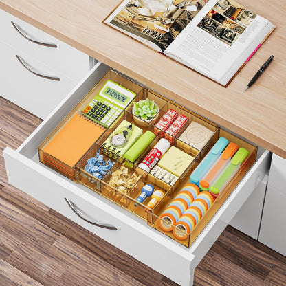 Expandable Desk Drawer Organizer, Clear Plastic Drawer Organizer Tray with 10 Adjustable Compartments, Desk Organizers and Accessories, 5 Drawer Dividers for Office Supplies, Makeup(White)