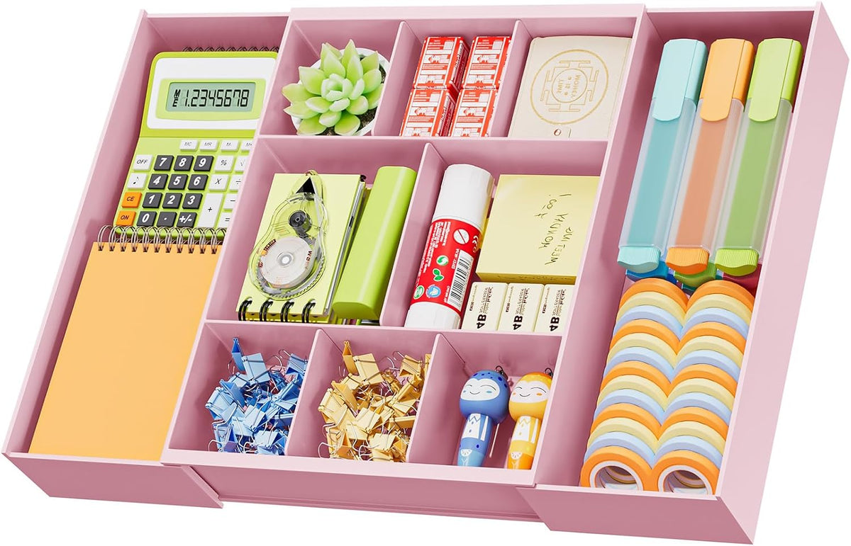 Expandable Desk Drawer Organizer, Clear Plastic Drawer Organizer Tray with 10 Adjustable Compartments, Desk Organizers and Accessories, 5 Drawer Dividers for Office Supplies, Makeup(White)