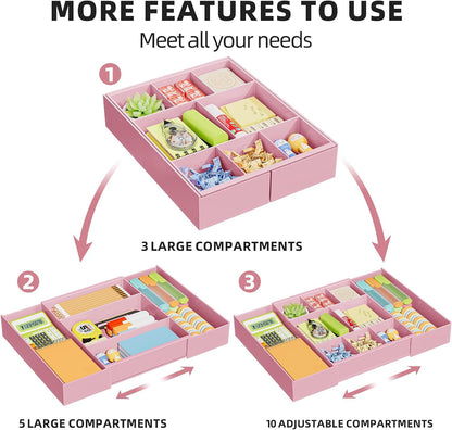 Expandable Desk Drawer Organizer, Clear Plastic Drawer Organizer Tray with 10 Adjustable Compartments, Desk Organizers and Accessories, 5 Drawer Dividers for Office Supplies, Makeup(White)