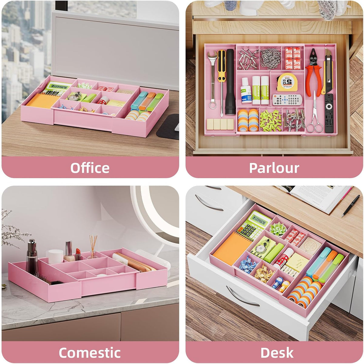 Expandable Desk Drawer Organizer, Clear Plastic Drawer Organizer Tray with 10 Adjustable Compartments, Desk Organizers and Accessories, 5 Drawer Dividers for Office Supplies, Makeup(White)