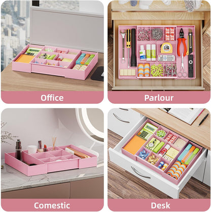 Expandable Desk Drawer Organizer, Clear Plastic Drawer Organizer Tray with 10 Adjustable Compartments, Desk Organizers and Accessories, 5 Drawer Dividers for Office Supplies, Makeup(White)