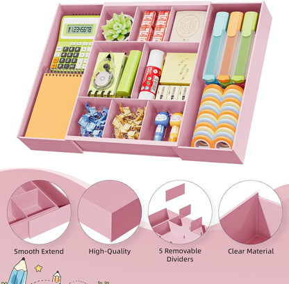 Expandable Desk Drawer Organizer, Clear Plastic Drawer Organizer Tray with 10 Adjustable Compartments, Desk Organizers and Accessories, 5 Drawer Dividers for Office Supplies, Makeup(White)