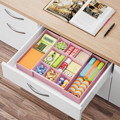Expandable Desk Drawer Organizer, Clear Plastic Drawer Organizer Tray with 10 Adjustable Compartments, Desk Organizers and Accessories, 5 Drawer Dividers for Office Supplies, Makeup(White)