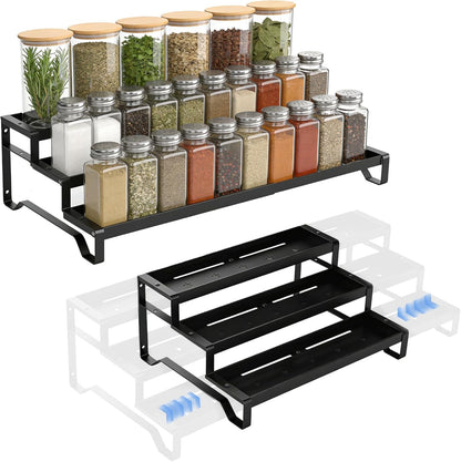SANKEU Expandable Spice Rack Organizer for Cabinet 3 Tiered Metal Seasoning Organization with Guardrails Spice Shelf Storage for Jars Adjustable Length 13"-21" Black