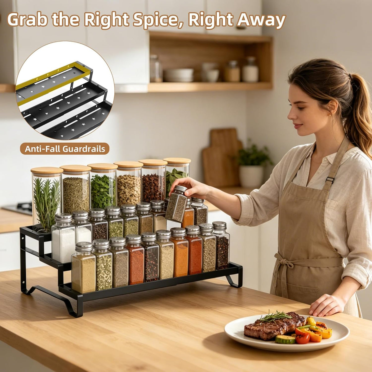 SANKEU Expandable Spice Rack Organizer for Cabinet 3 Tiered Metal Seasoning Organization with Guardrails Spice Shelf Storage for Jars Adjustable Length 13"-21" Black