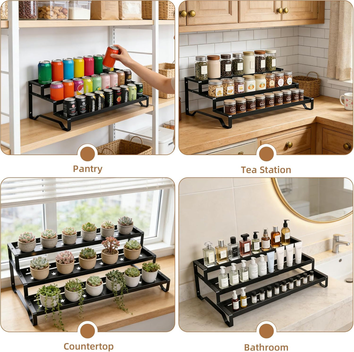 SANKEU Expandable Spice Rack Organizer for Cabinet 3 Tiered Metal Seasoning Organization with Guardrails Spice Shelf Storage for Jars Adjustable Length 13"-21" Black