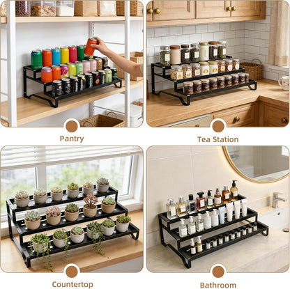 SANKEU Expandable Spice Rack Organizer for Cabinet 3 Tiered Metal Seasoning Organization with Guardrails Spice Shelf Storage for Jars Adjustable Length 13"-21" Black
