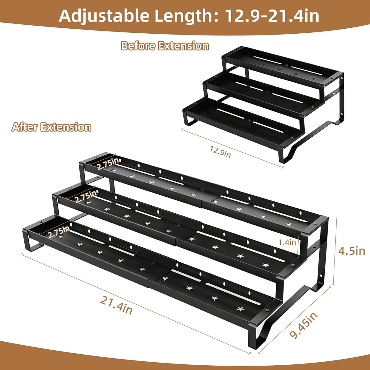 SANKEU Expandable Spice Rack Organizer for Cabinet 3 Tiered Metal Seasoning Organization with Guardrails Spice Shelf Storage for Jars Adjustable Length 13"-21" Black