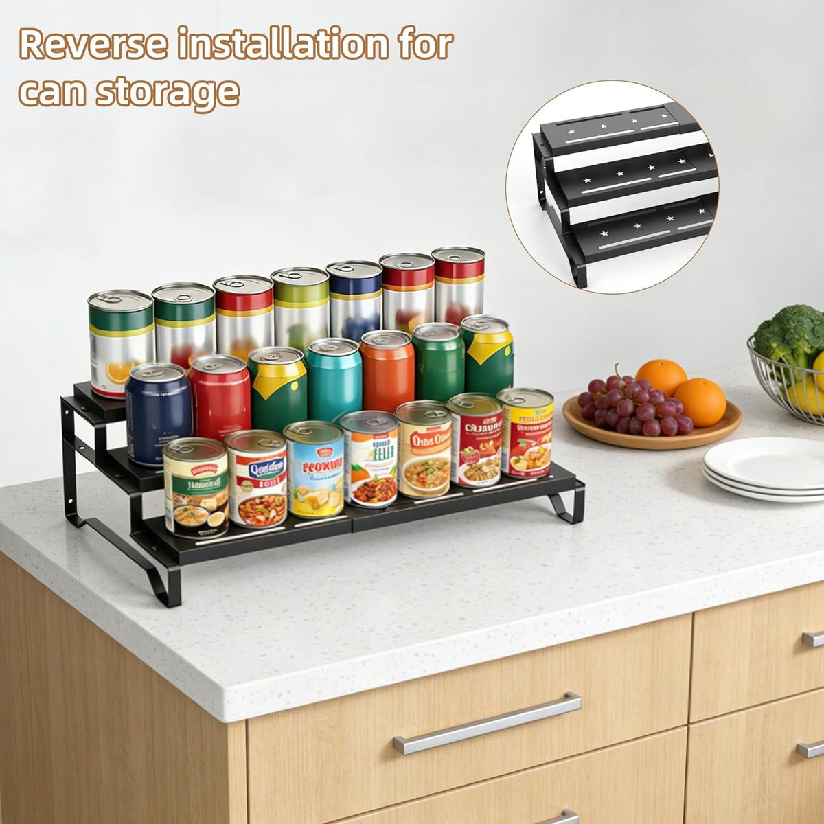 SANKEU Expandable Spice Rack Organizer for Cabinet 3 Tiered Metal Seasoning Organization with Guardrails Spice Shelf Storage for Jars Adjustable Length 13"-21" Black