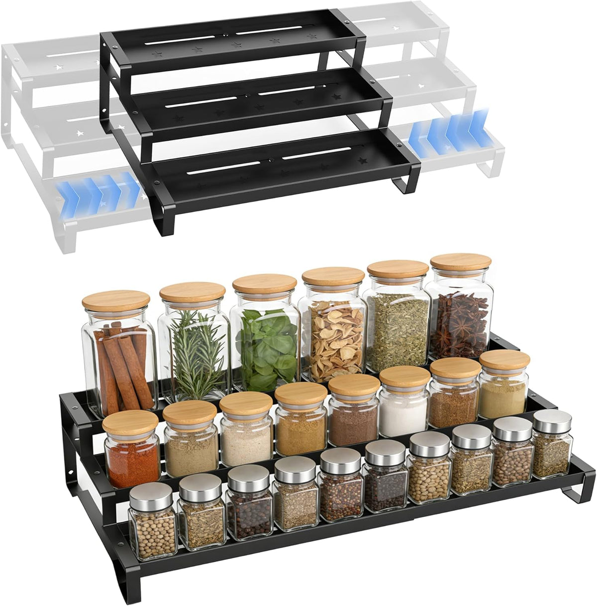 SANKEU Expandable Spice Rack Organizer for Cabinet 3 Tiered Metal Seasoning Organization with Guardrails Spice Shelf Storage for Jars Adjustable Length 13"-21" Black
