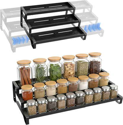 SANKEU Expandable Spice Rack Organizer for Cabinet 3 Tiered Metal Seasoning Organization with Guardrails Spice Shelf Storage for Jars Adjustable Length 13"-21" Black