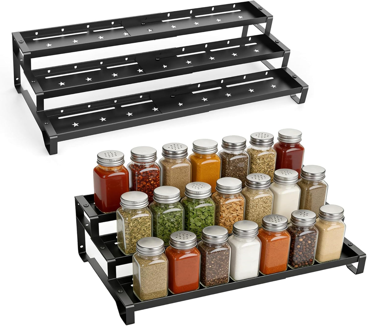 SANKEU Expandable Spice Rack Organizer for Cabinet 3 Tiered Metal Seasoning Organization with Guardrails Spice Shelf Storage for Jars Adjustable Length 13"-21" Black