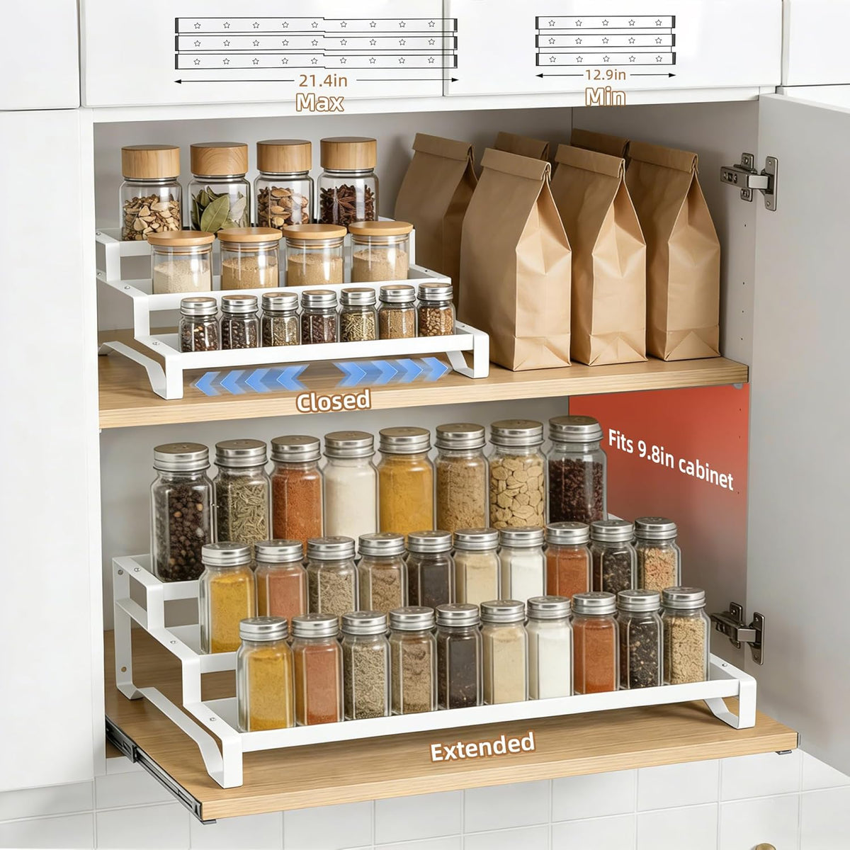 SANKEU Expandable Spice Rack Organizer for Cabinet 3 Tiered Metal Seasoning Organization with Guardrails Spice Shelf Storage for Jars Adjustable Length 13"-21" Black