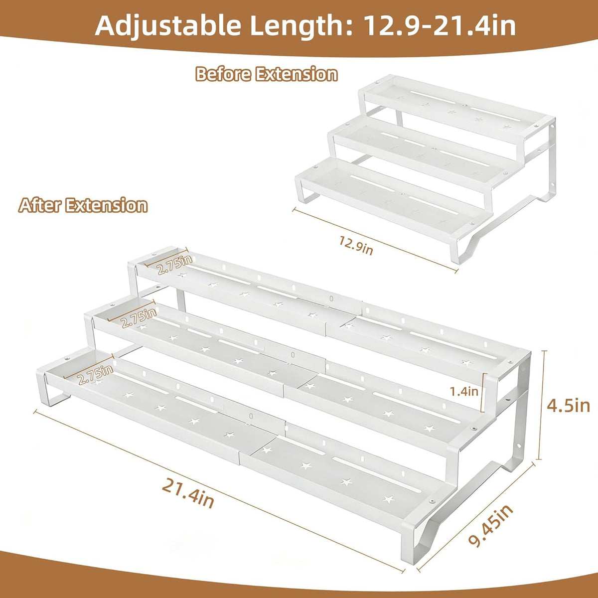 SANKEU Expandable Spice Rack Organizer for Cabinet 3 Tiered Metal Seasoning Organization with Guardrails Spice Shelf Storage for Jars Adjustable Length 13"-21" Black