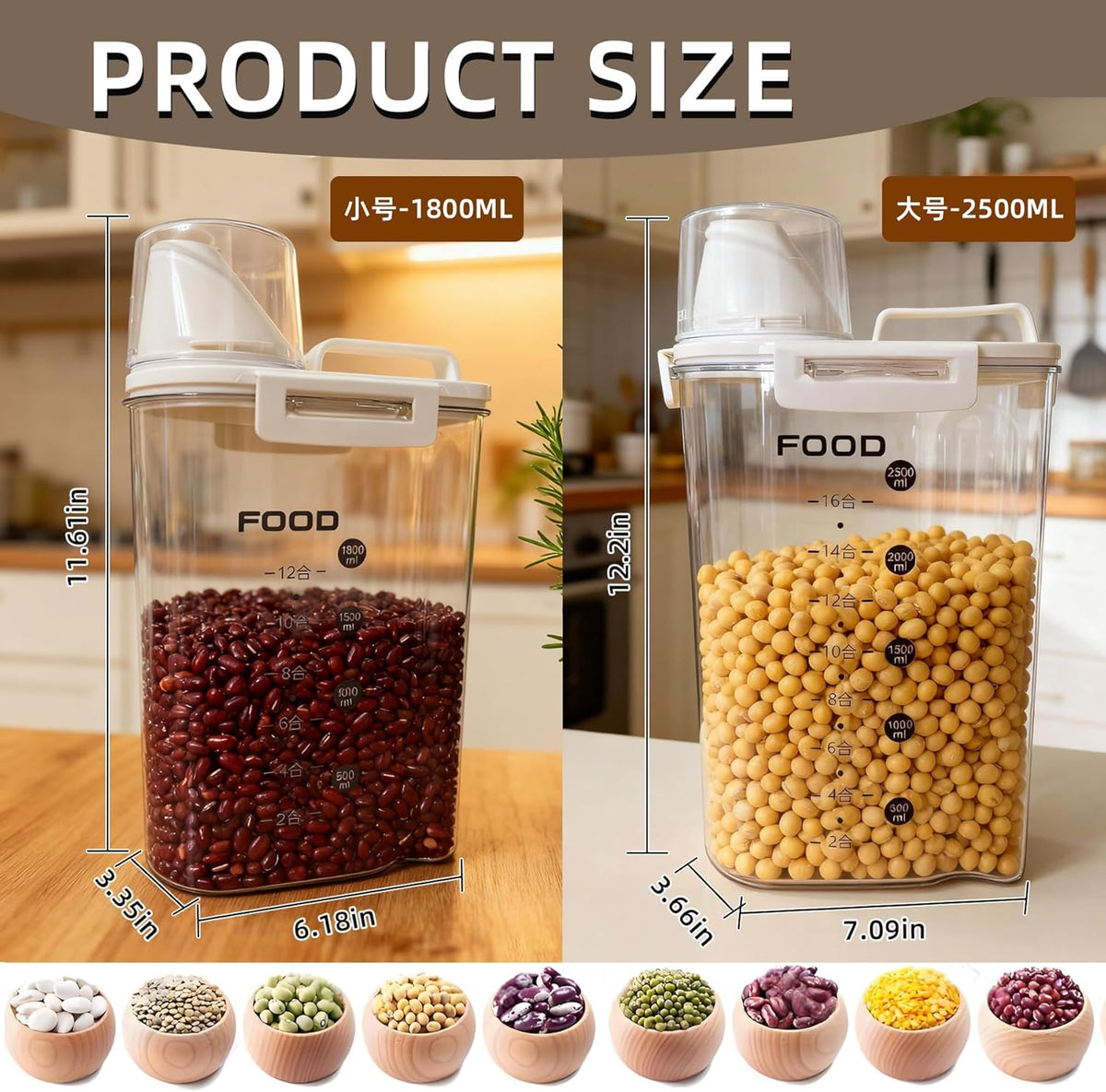 2-Pack Airtight Food Storage Containers Set(3.6L+2.3L Total 199.5 oz)-Same Material, Varied Designs-with Pour Spout & Measuring Cup, BPA-Free PET Canisters for Rice, Oatmeal,Flour, Pet Food