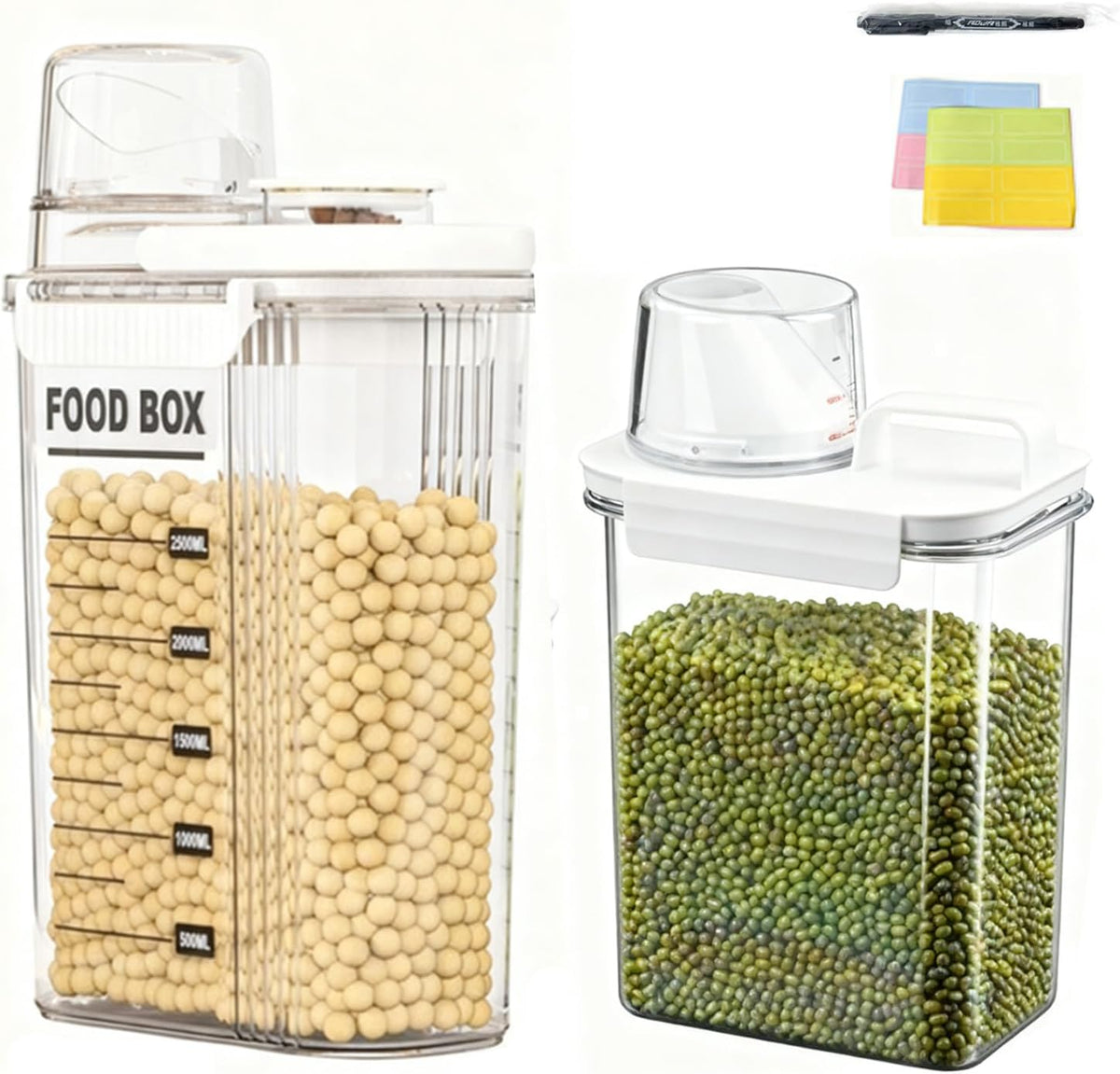 2-Pack Airtight Food Storage Containers Set(3.6L+2.3L Total 199.5 oz)-Same Material, Varied Designs-with Pour Spout & Measuring Cup, BPA-Free PET Canisters for Rice, Oatmeal,Flour, Pet Food