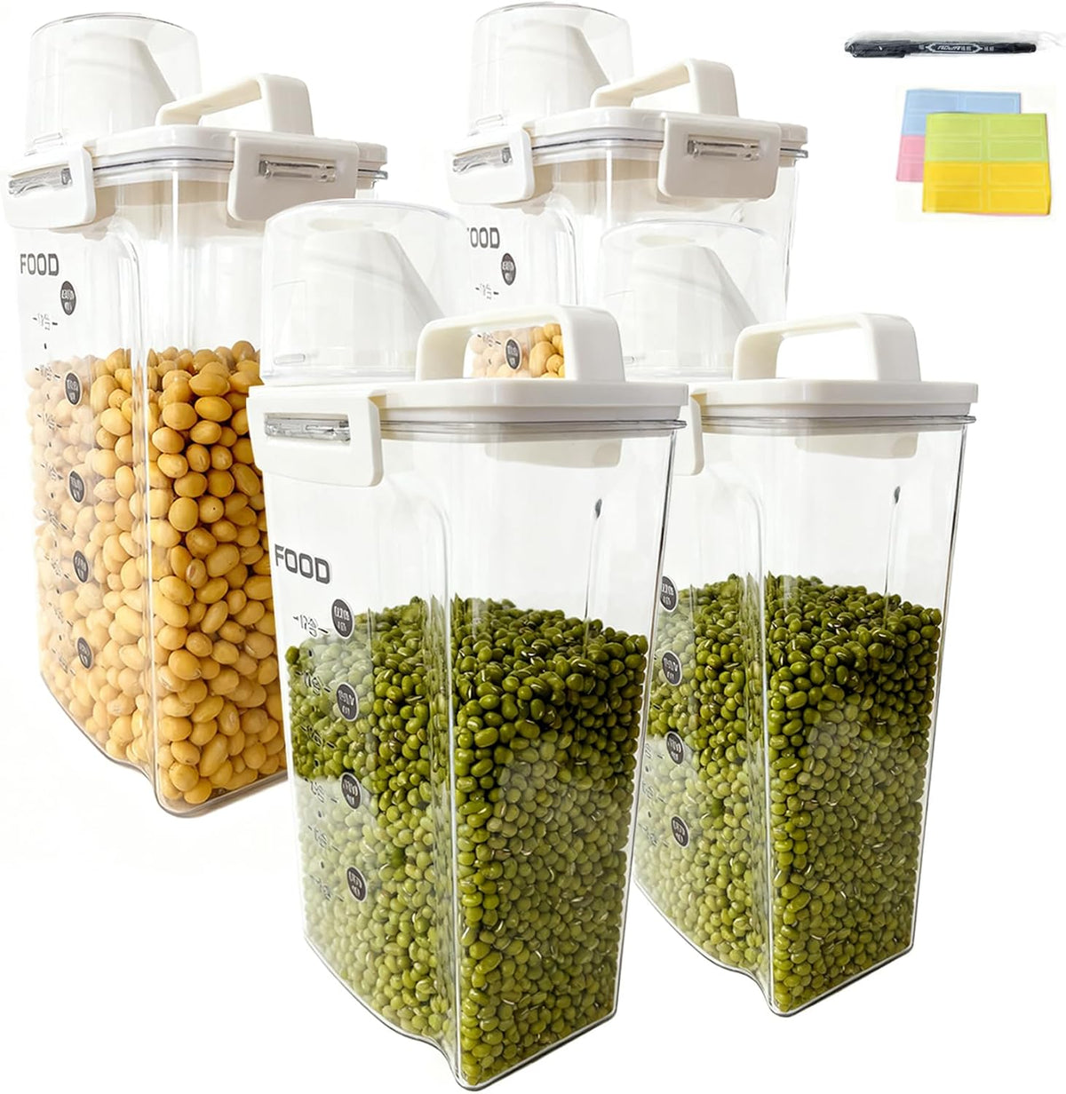 2-Pack Airtight Food Storage Containers Set(3.6L+2.3L Total 199.5 oz)-Same Material, Varied Designs-with Pour Spout & Measuring Cup, BPA-Free PET Canisters for Rice, Oatmeal,Flour, Pet Food