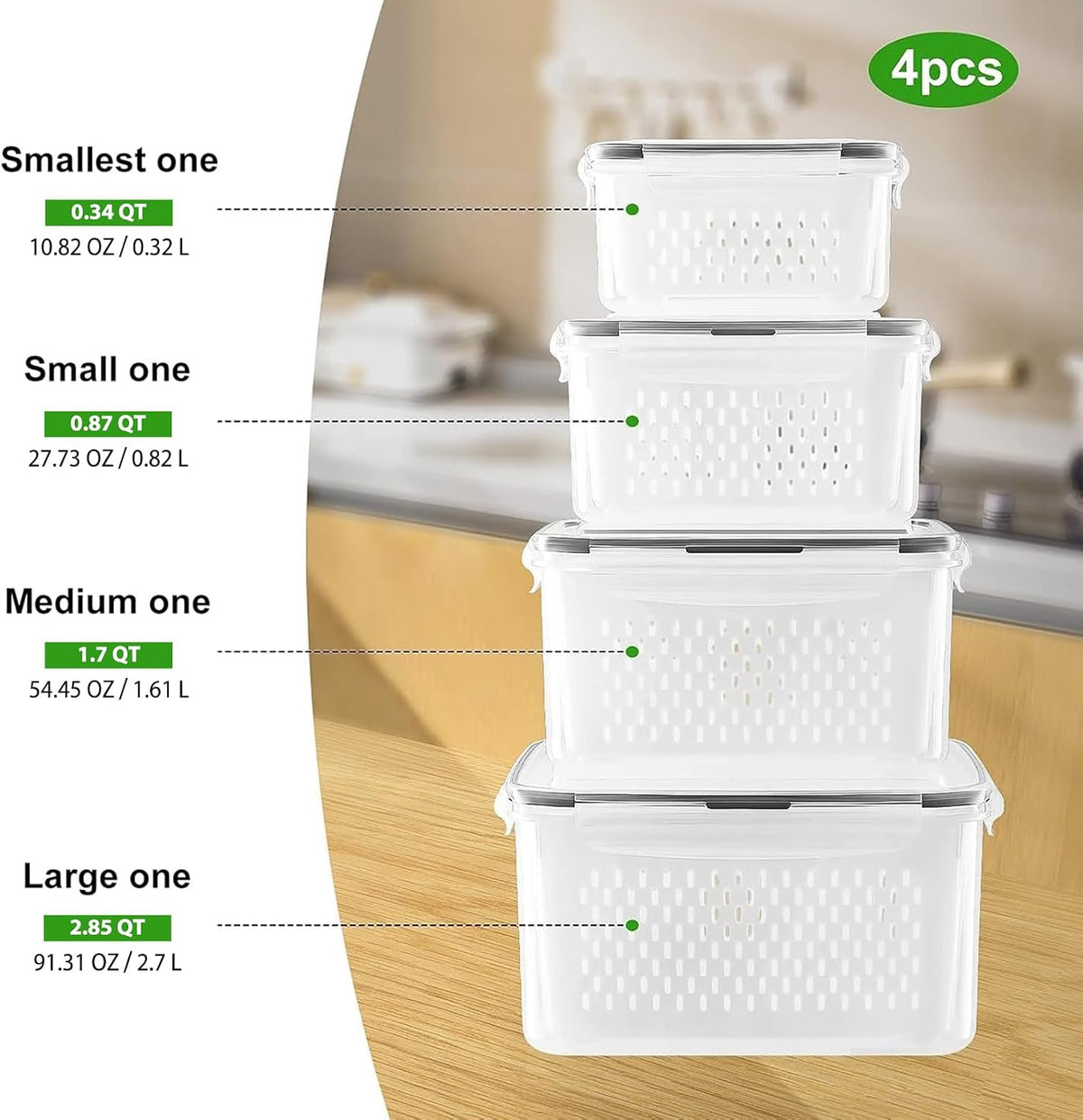 Fruit Storage Containers for Fridge with Removable Colander 4 PCS