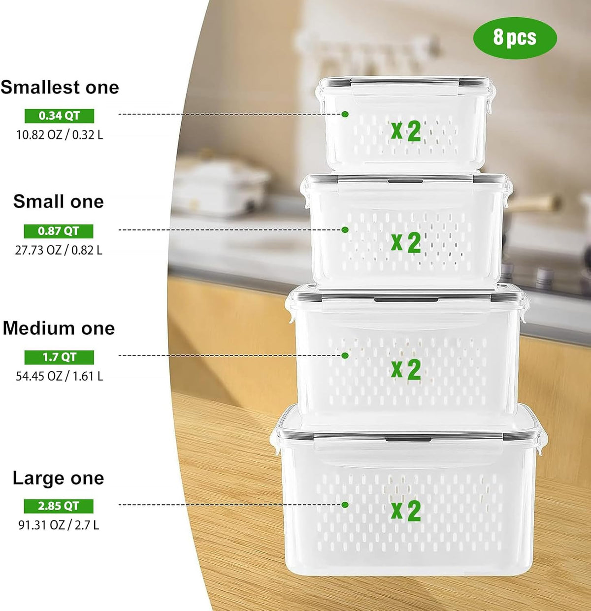 Fruit Storage Containers for Fridge with Removable Colander 4 PCS